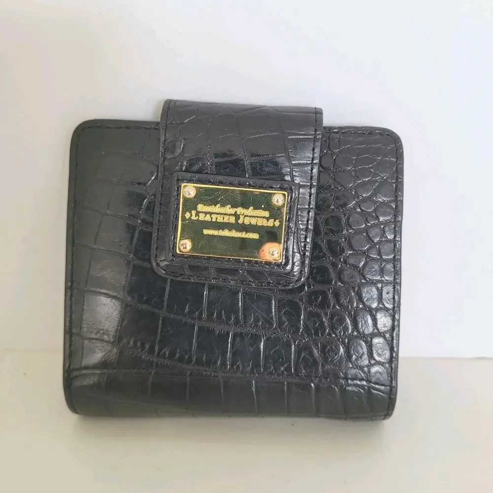 Leather Jewels‎ Leather Wallet Bifold Credit Card Bill Croc Black Small Compact